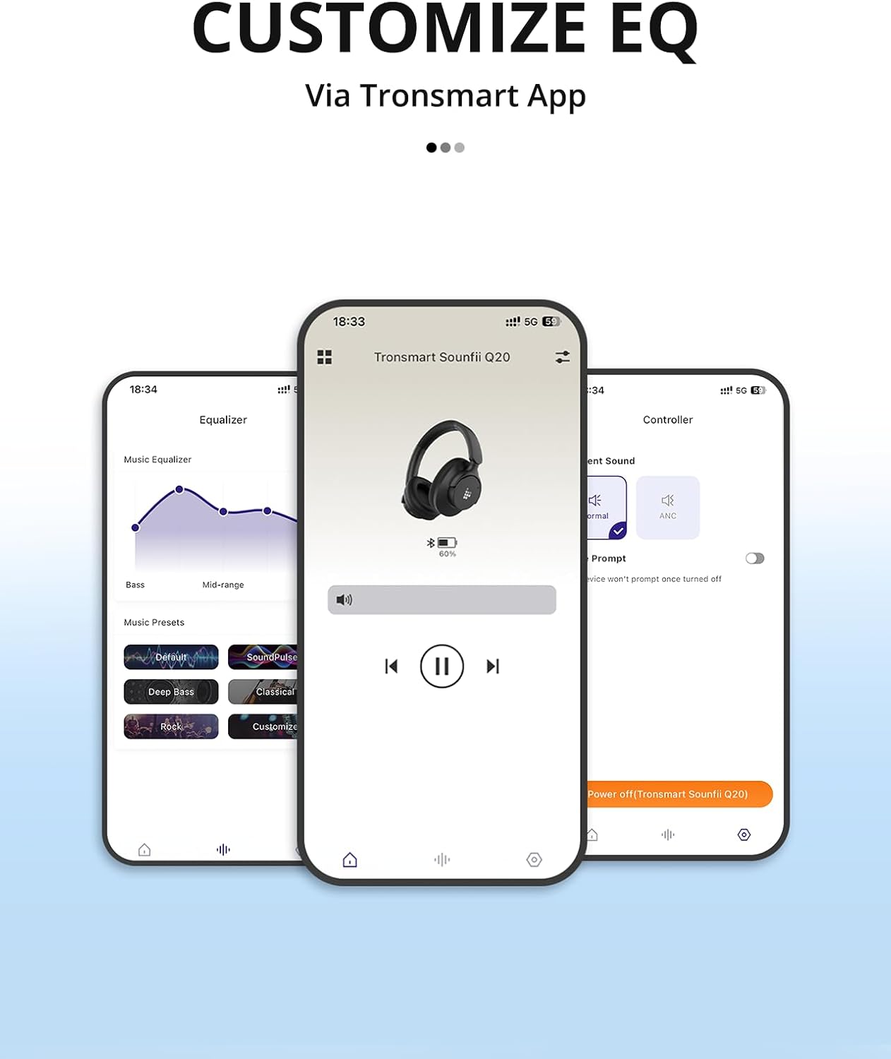 Tronsmart Sounfii Q20 Auriculares con cancelación activa de ruido, auriculares inalámbricos sobre la oreja, tiempo de reproducción de 60 horas, sonido rico y detallado, ecualizador personalizado,