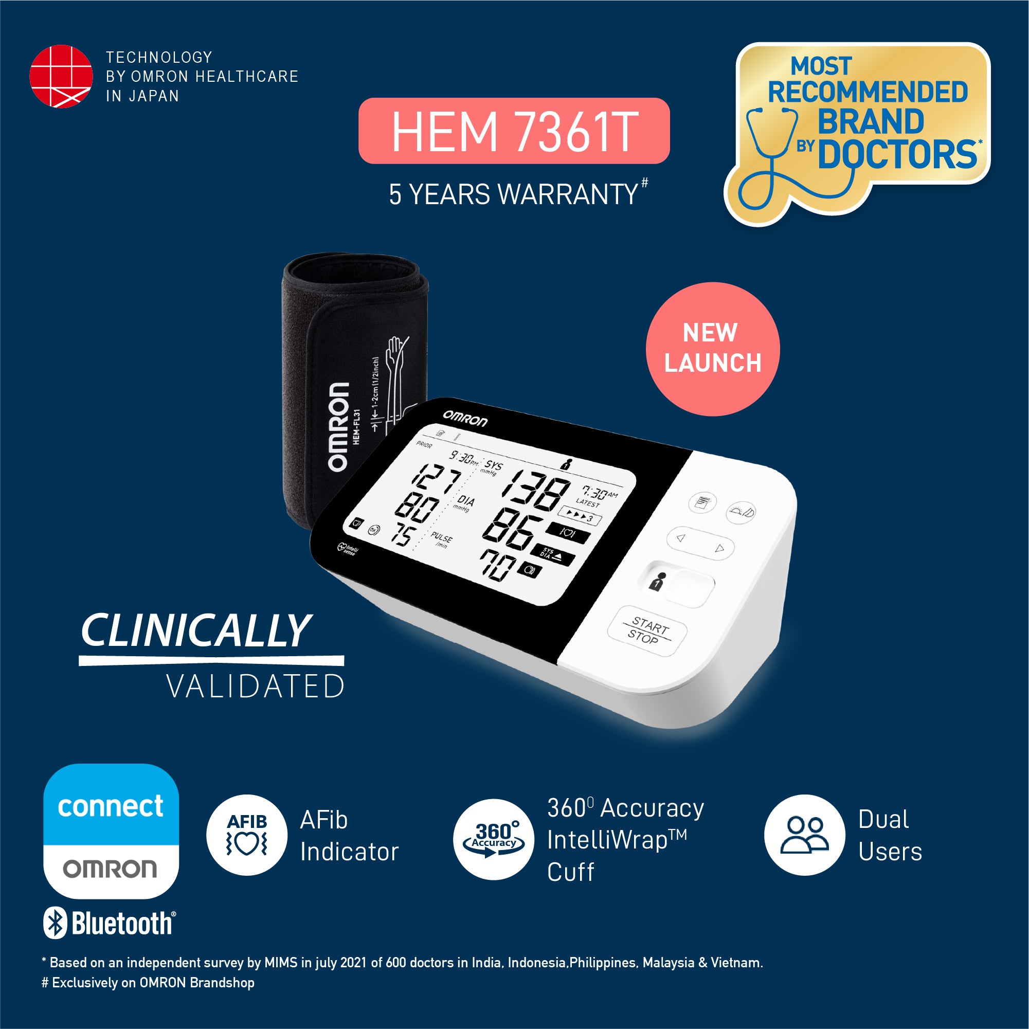 Omron HEM 7361T Monitor de presión arterial con Bluetooth y AFIB