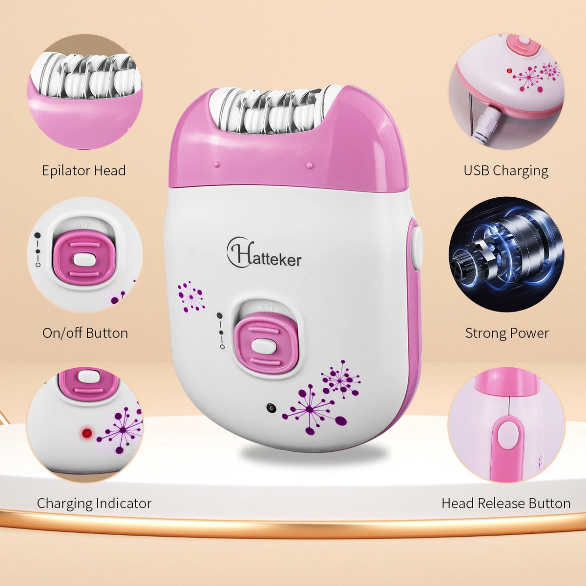Depiladora Eléctrica Hatteker HT‑521 - Recargable - Uso Facial y Corporal - Tecnología Segura Vista Completa - Krishna Iquique