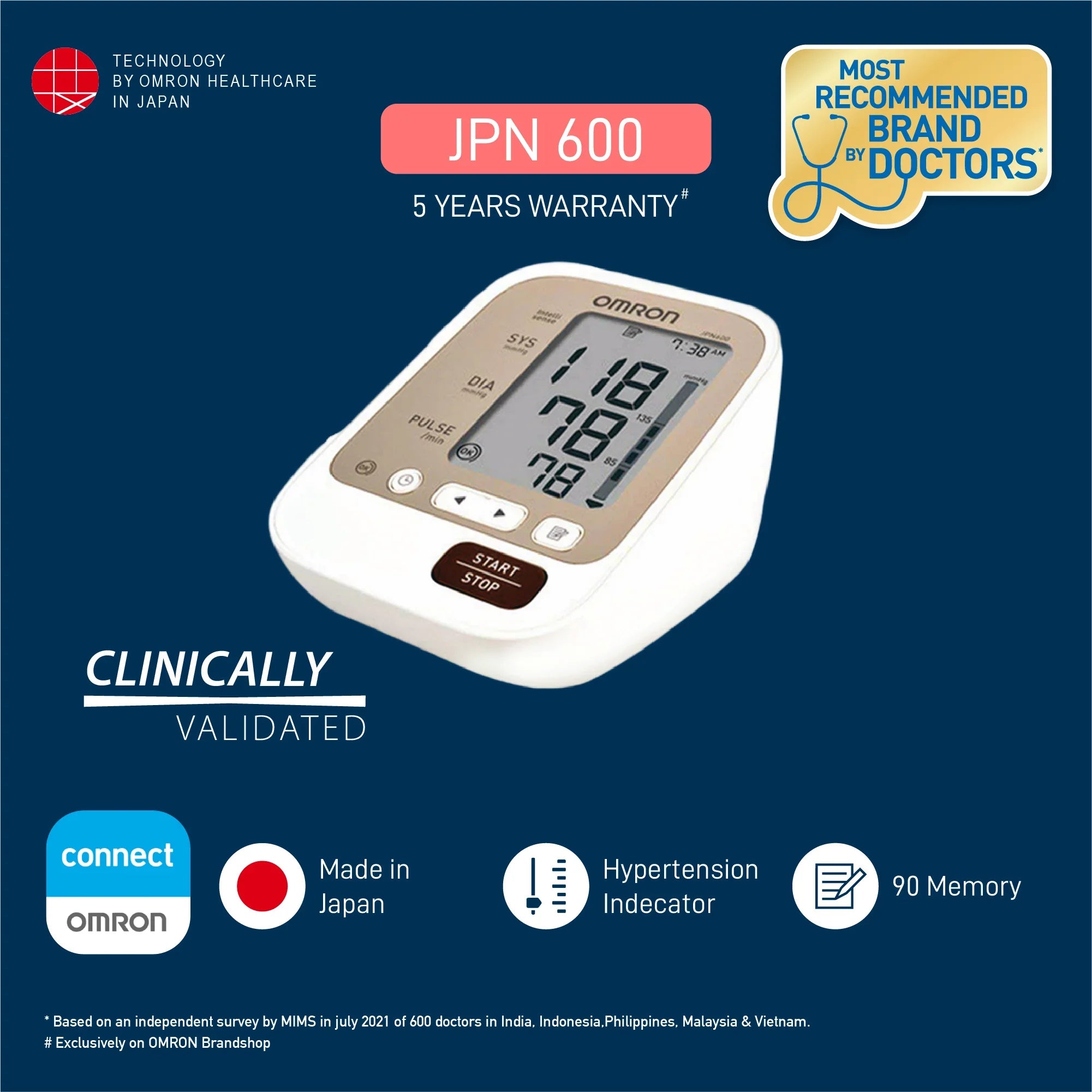 Omron JPN-600 - Tensiómetro de Brazo Fabricado en Japón Vista Lateral - Mall ZOFRI Iquique