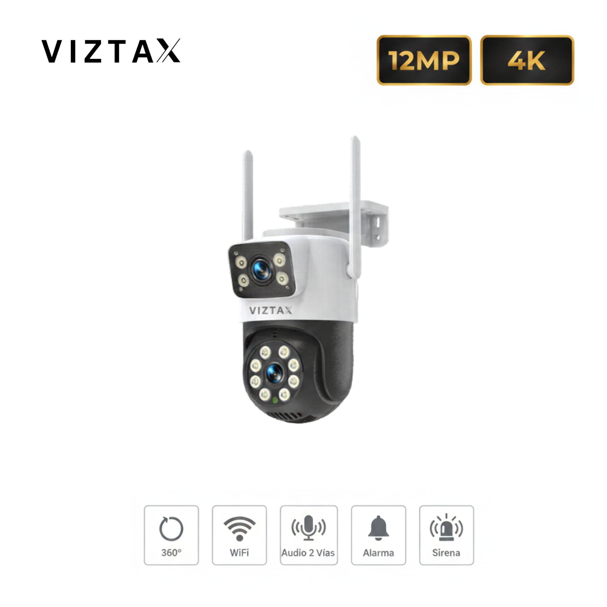 Viztax VZ-EXT DL Cámara Dual Lens WiFi Exterior 12MP Lente Fija + PTZ 360° IA