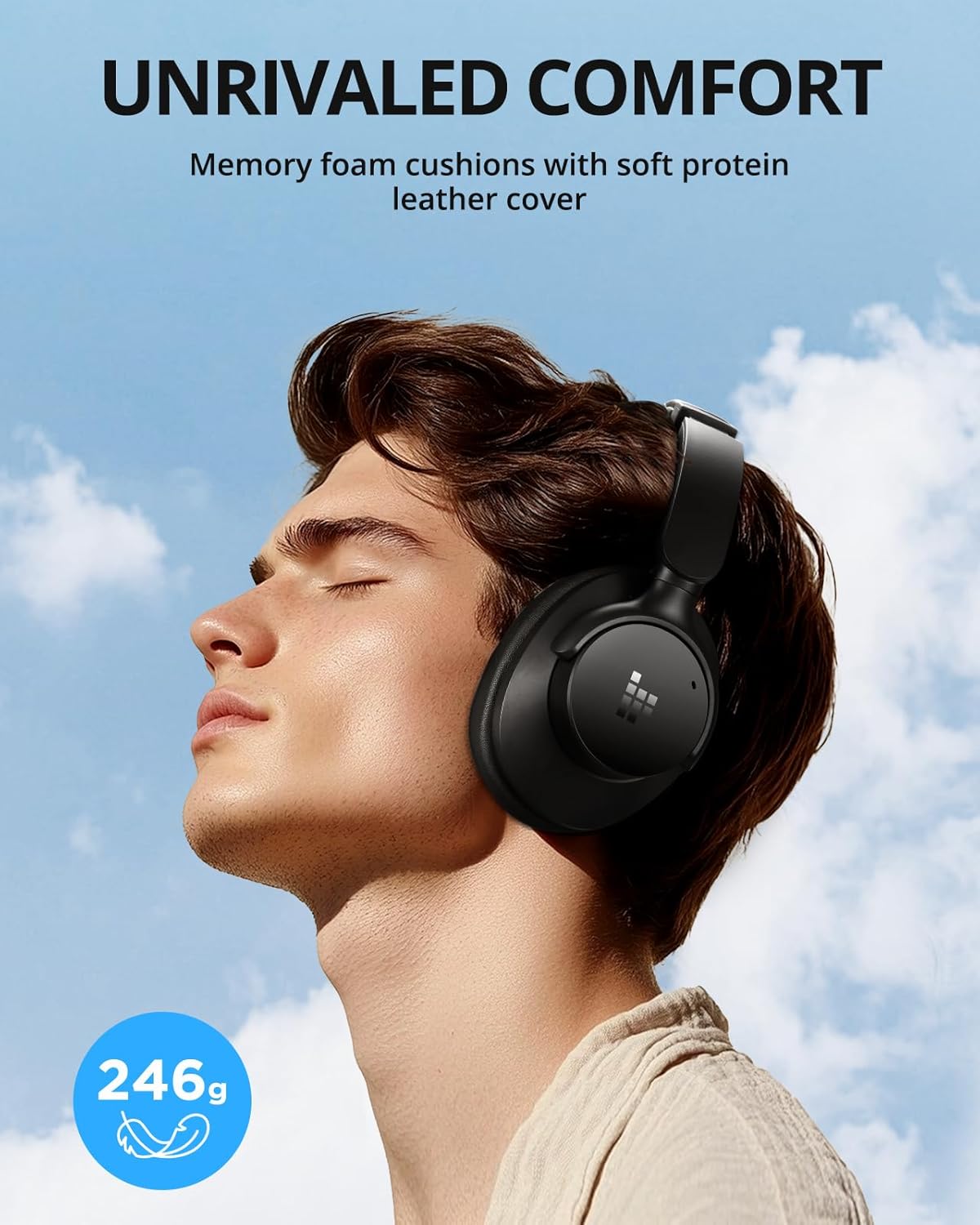 Tronsmart Sounfii Q20 Auriculares con cancelación activa de ruido, auriculares inalámbricos sobre la oreja, tiempo de reproducción de 60 horas, sonido rico y detallado, ecualizador personalizado,