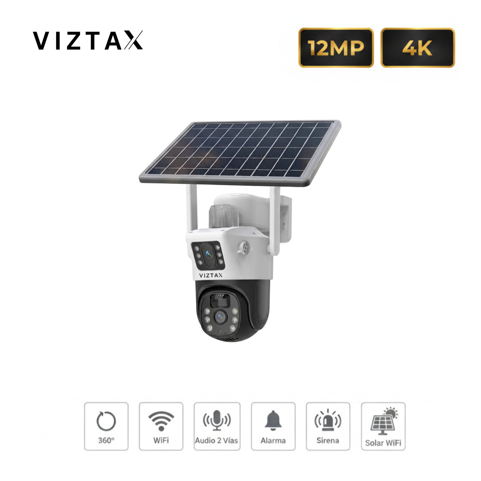 Viztax VZ-SOL Cámara Solar Exterior Dual Lens 8MP PTZ 360° IP67 IA