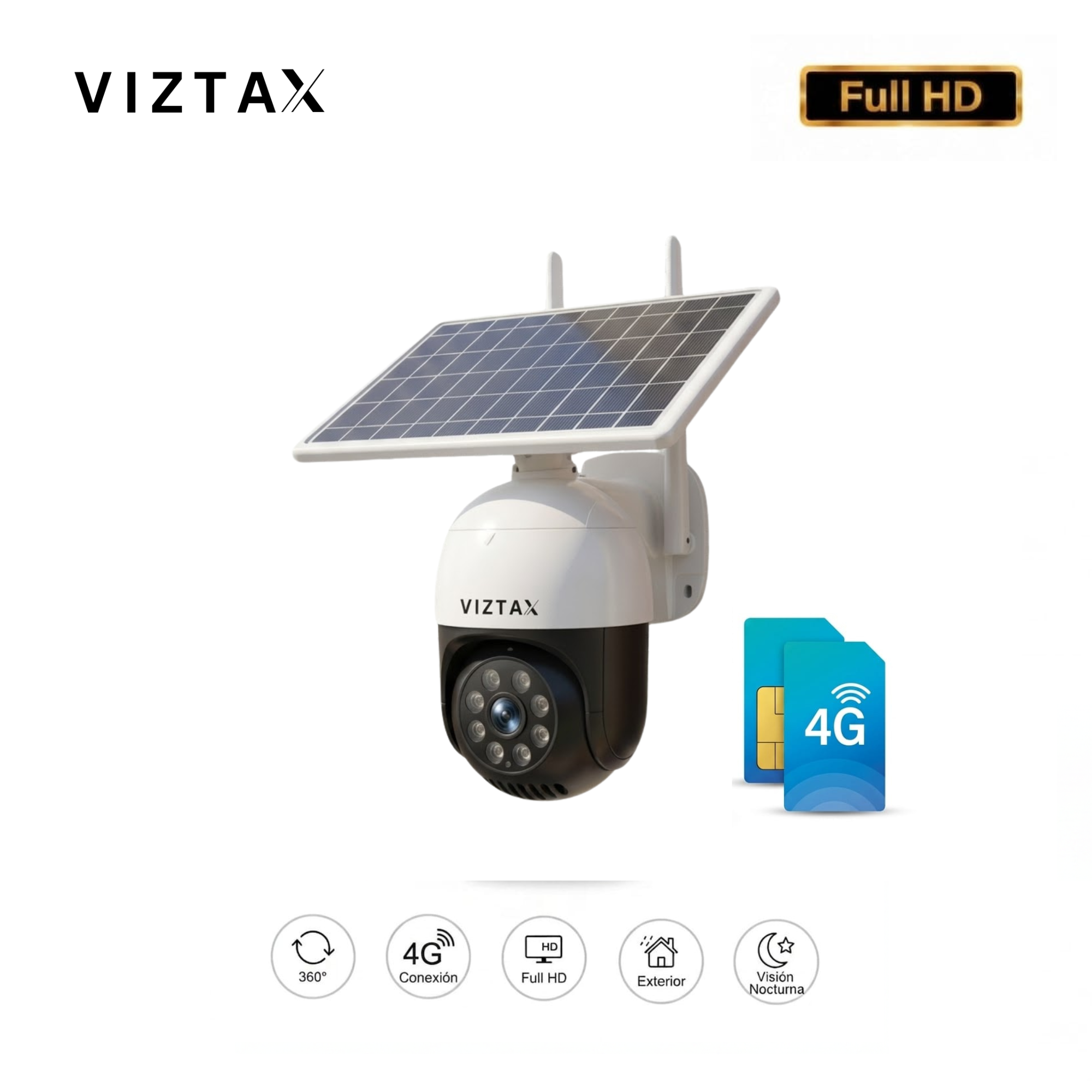 Viztax VZ-SOL 4G Lite — Cámara Solar 4G Exterior Sin WiFi IP67 IA
