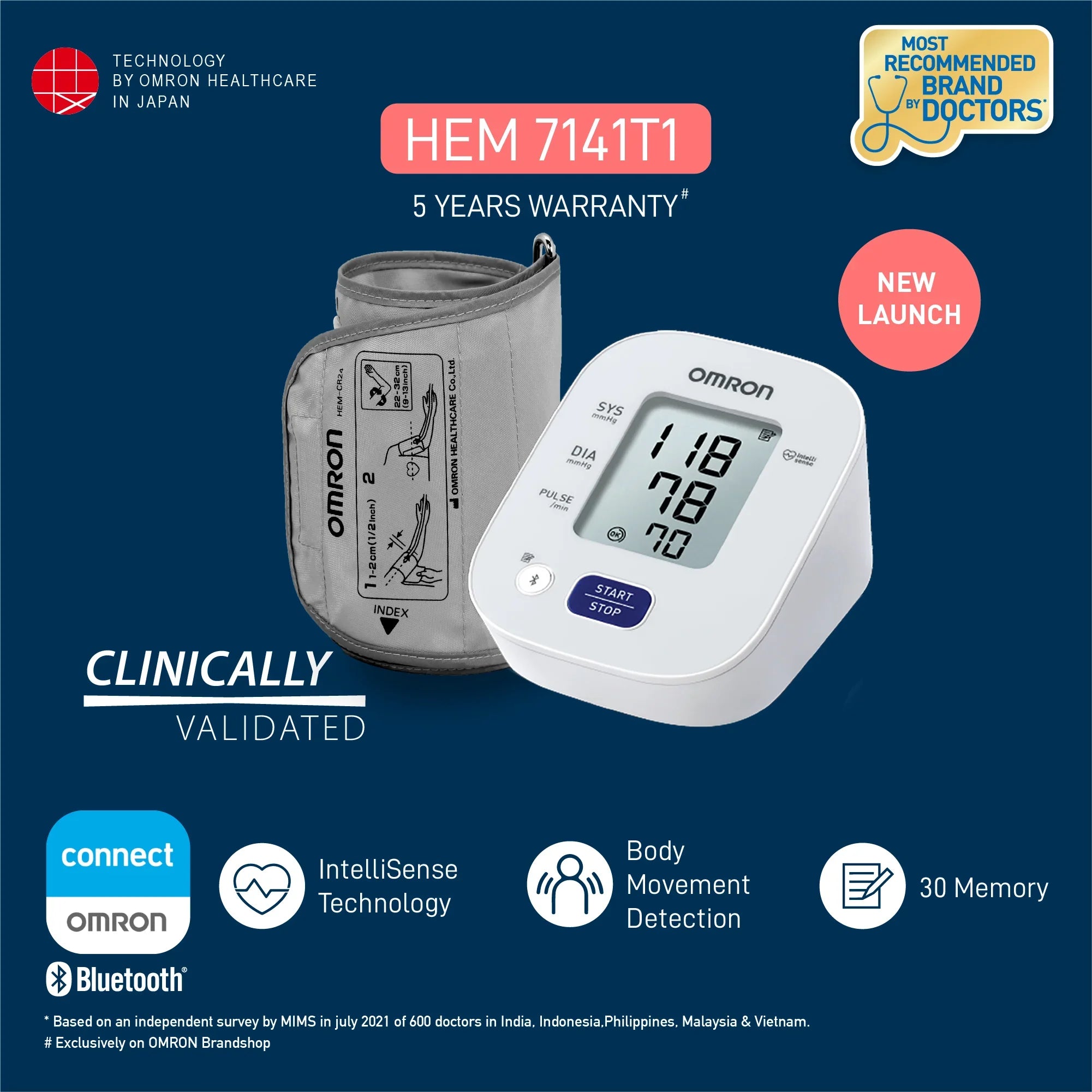 Omron HEM-7141T1 - Tensiómetro de Brazo Bluetooth con App OMRON Connect Vista Lateral - Mall ZOFRI Iquique