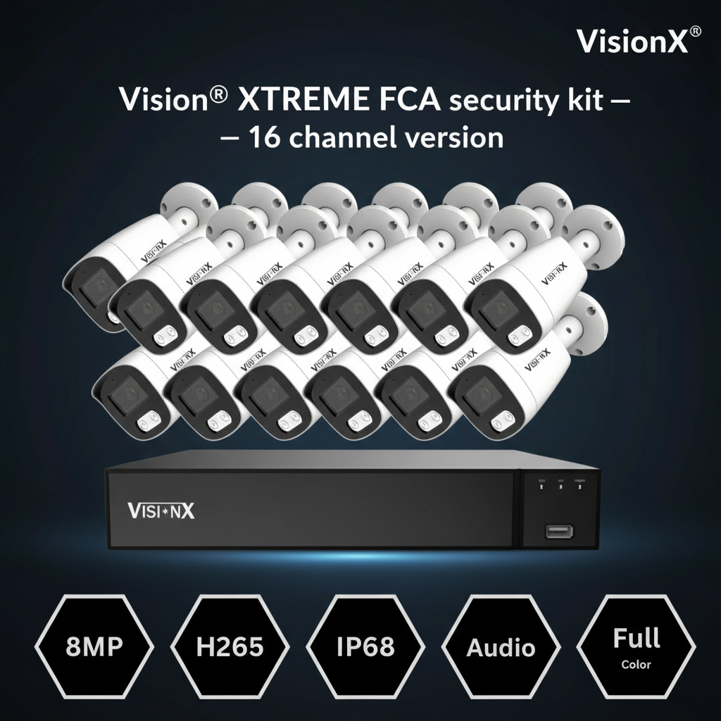 VisionX XTREME FCA Kit Vigilancia 16CH AOC 8MP IP68 Full Color DVR H.265+ BitVision Vista Frontal - Krishna Iquique ZOFRI