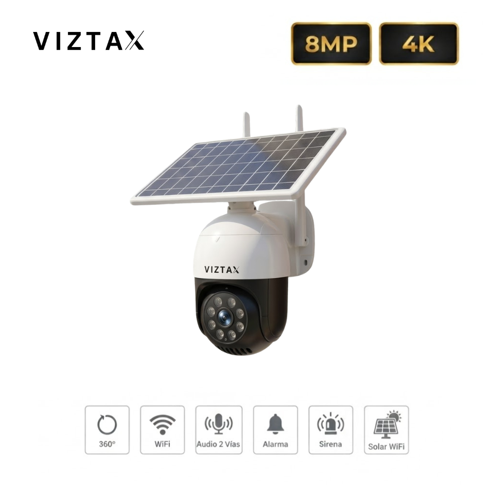 Viztax VZ-SOL Cámara Solar WiFi Exterior 4K 8MP PTZ 360° Visión Nocturna Dual IP67